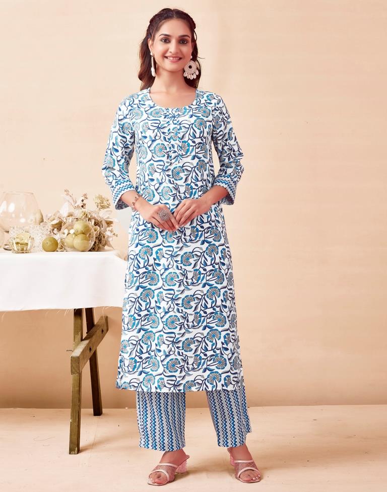 Blue Rayon Printed Kurta Set With Dupatta