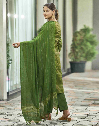 Green Woven Silk Straight Kurta Set With Dupatta