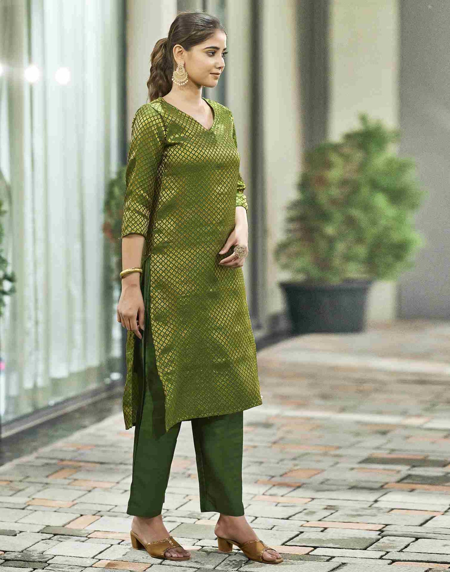 Green Woven Silk Straight Kurta Set With Dupatta