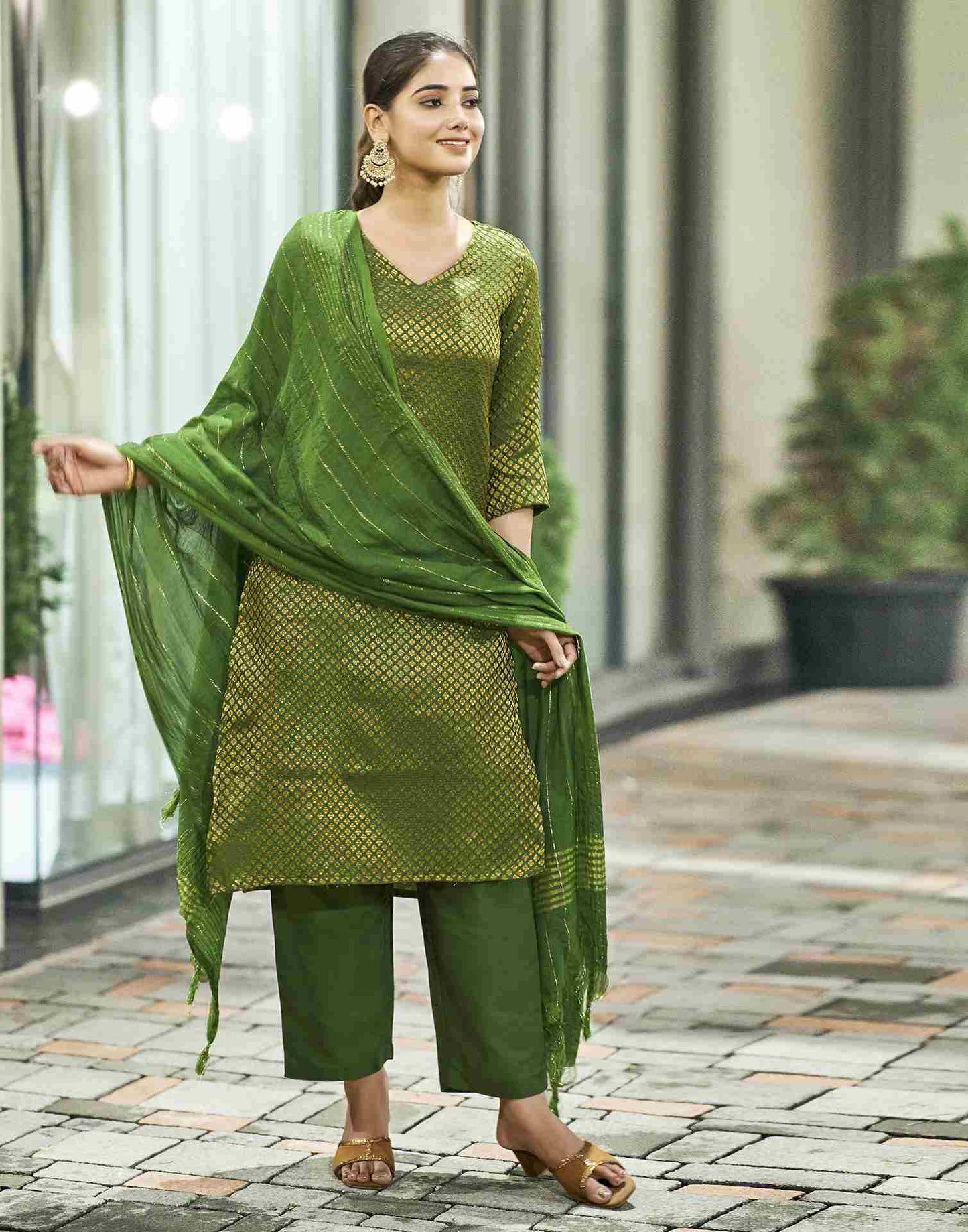 Green Woven Silk Straight Kurta Set With Dupatta