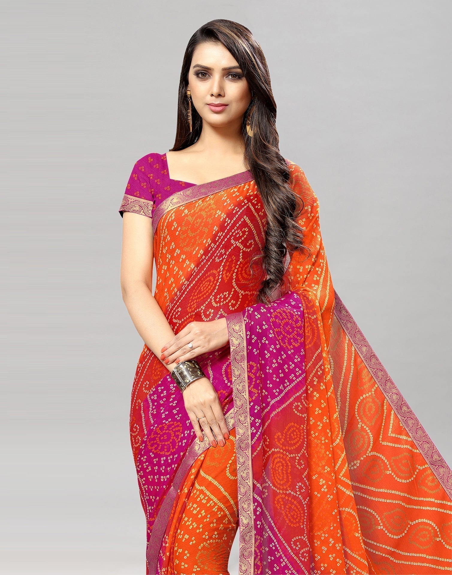 Orange Bandhani Printed Saree | Leemboodi