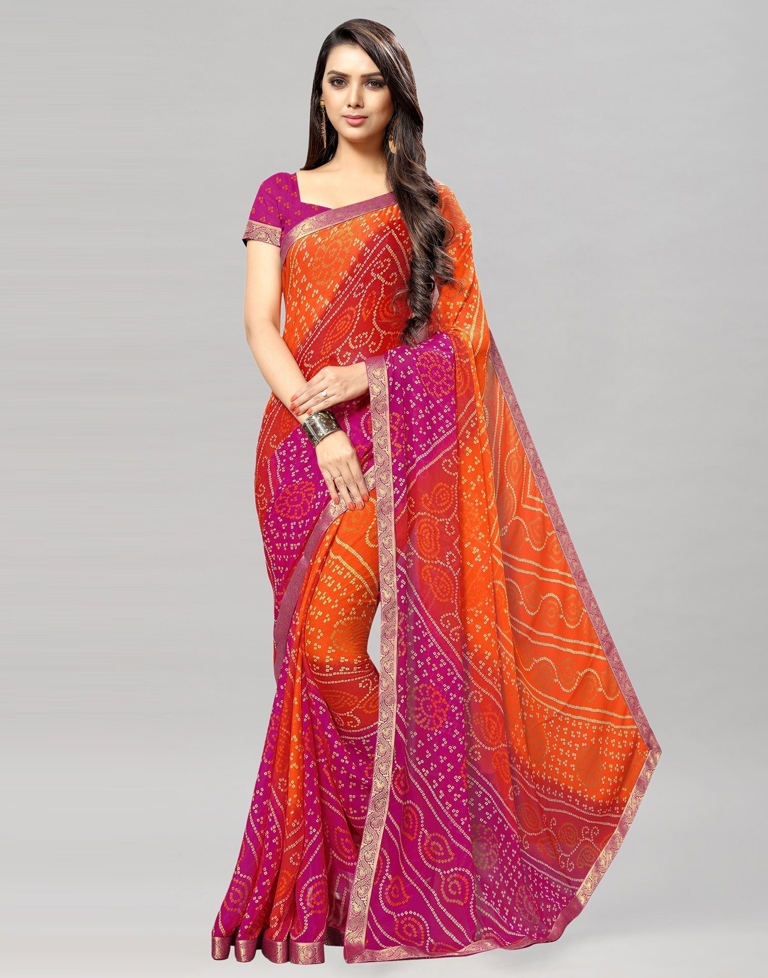 Orange Bandhani Printed Saree | Leemboodi