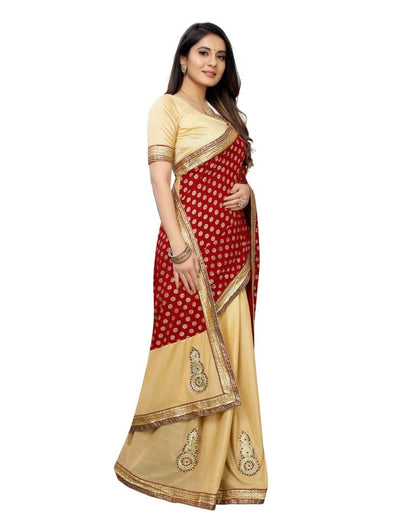 Beige Coloured Lycra Embroidered Partywear saree | Leemboodi