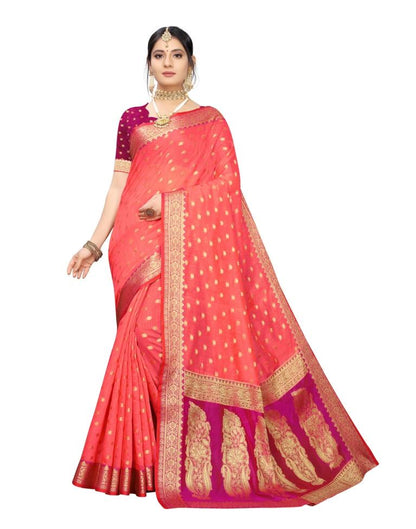 Peach Pink Coloured Cotton Silk Jacquard Partywear saree | Leemboodi