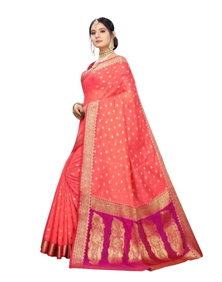 Peach Pink Coloured Cotton Silk Jacquard Partywear saree | Leemboodi
