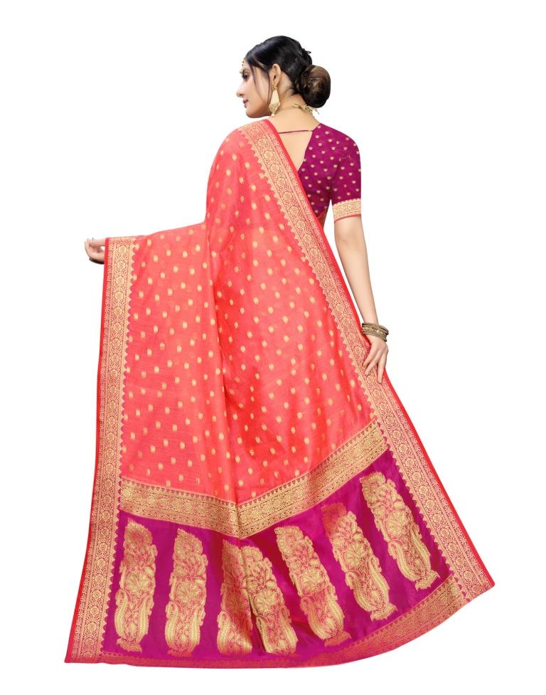 Peach Pink Coloured Cotton Silk Jacquard Partywear saree | Leemboodi