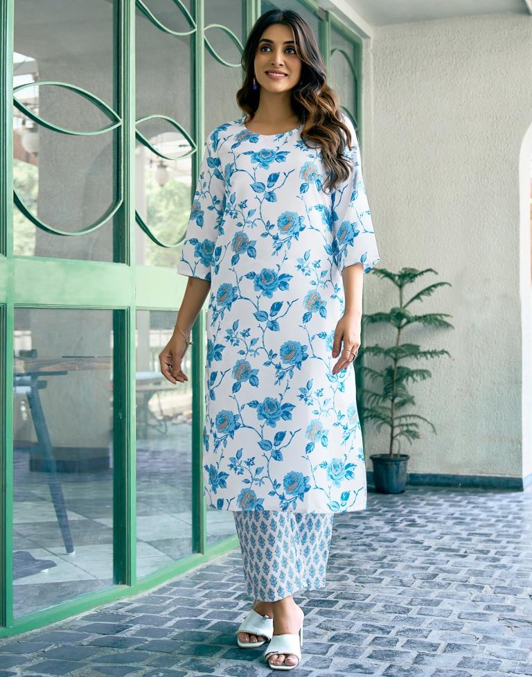 White Rayon Printed Kurta Set With Dupatta