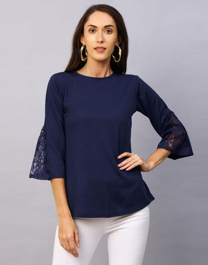 Elegant Navy Blue Coloured Russell Net Lycra Tops | Sudathi