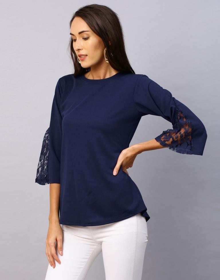 Elegant Navy Blue Coloured Russell Net Lycra Tops | Sudathi