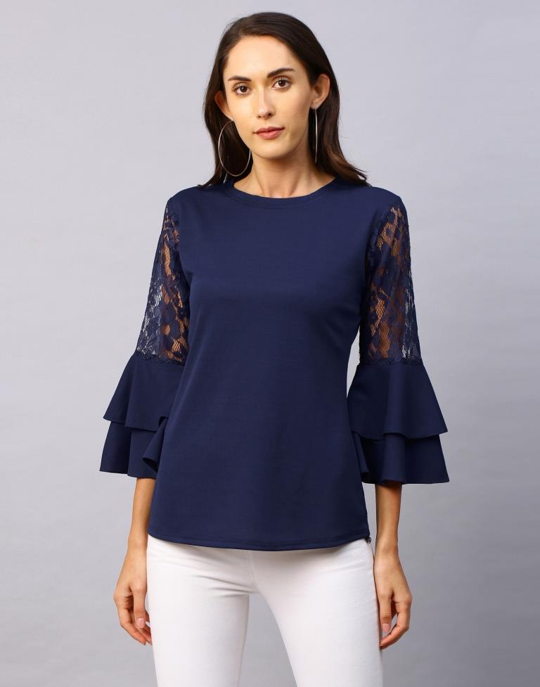 Immaculate Navy Blue Coloured Russell Net Lycra Tops | Leemboodi