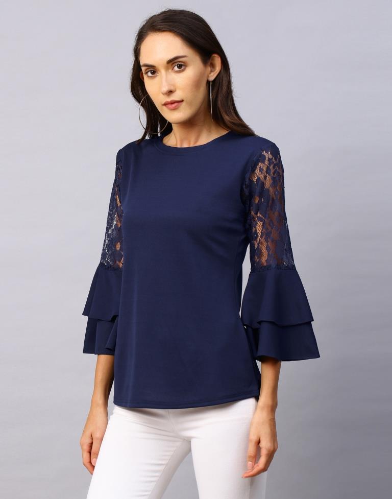 Immaculate Navy Blue Coloured Russell Net Lycra Tops | Leemboodi