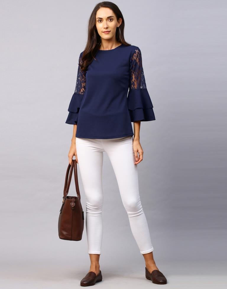 Immaculate Navy Blue Coloured Russell Net Lycra Tops | Leemboodi