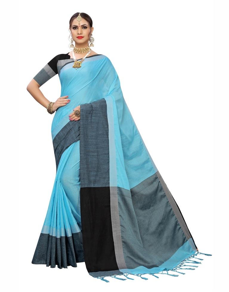 Sky Blue Coloured Cotton Blend Plain Casual saree | Leemboodi
