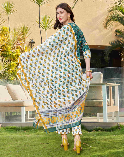 Dusty Green Printed Rayon Straight Kurta With Pant And Dupatta