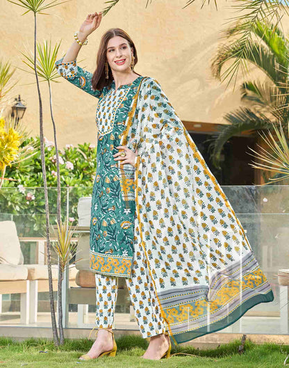 Dusty Green Printed Rayon Straight Kurta With Pant And Dupatta