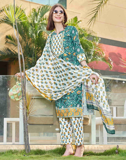 Dusty Green Printed Rayon Straight Kurta With Pant And Dupatta