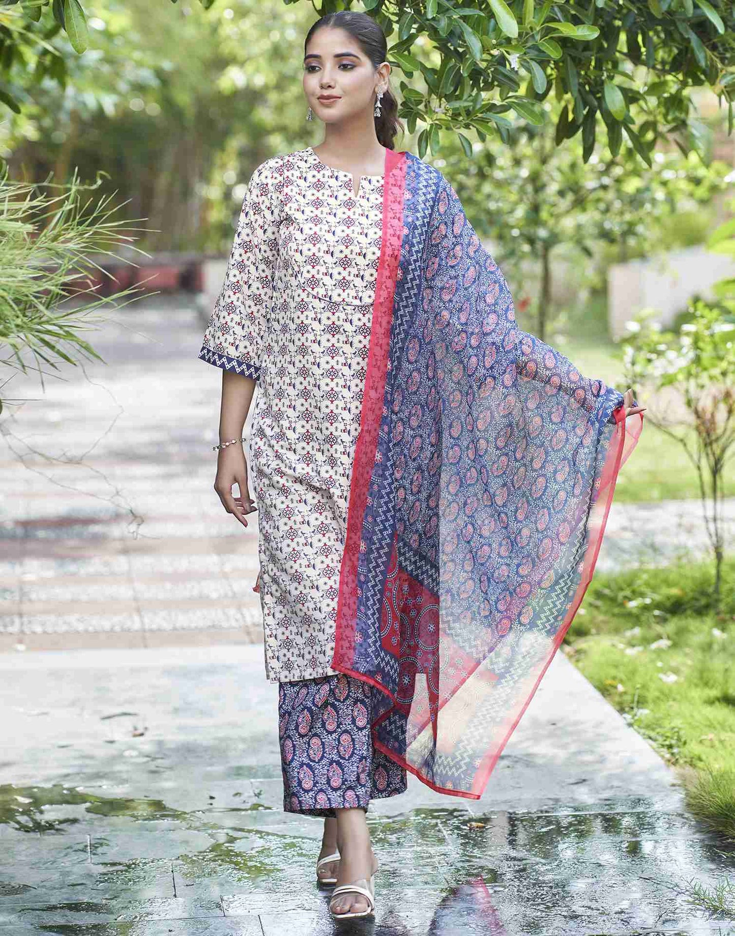 Beige Printed Rayon Straight Kurta Set With Dupatta