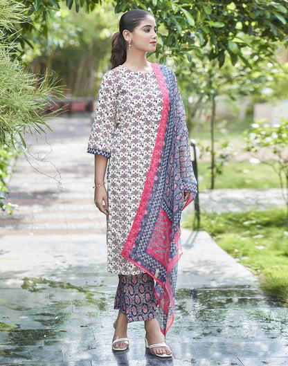 Beige Printed Rayon Straight Kurta Set With Dupatta