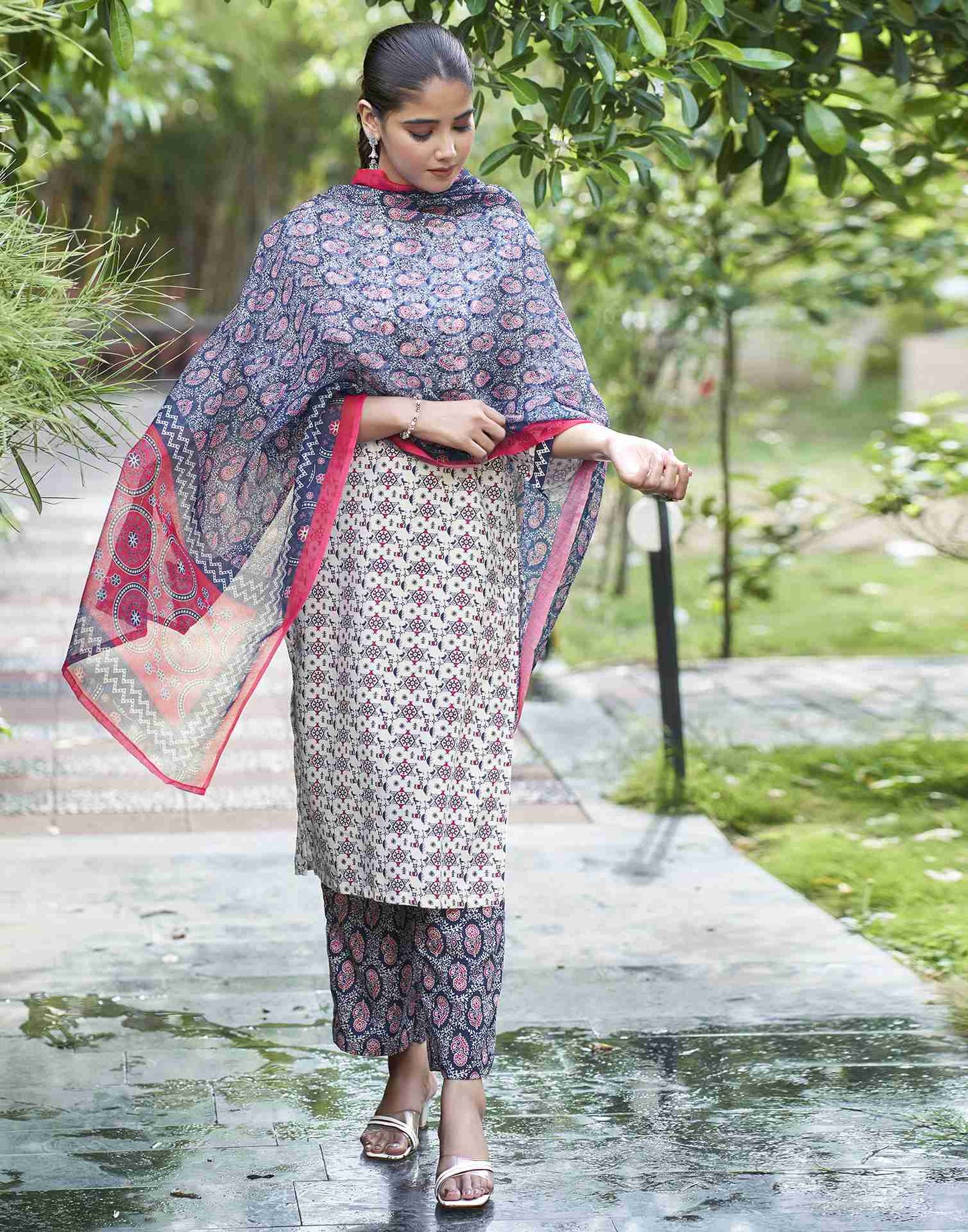 Beige Printed Rayon Straight Kurta Set With Dupatta