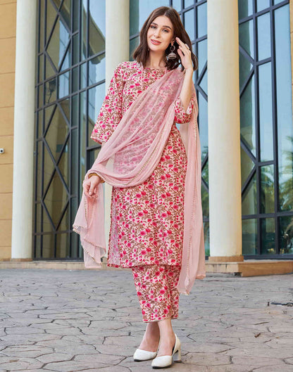 Light Pink Printed Rayon Straight Kurta With Pant And Dupatta