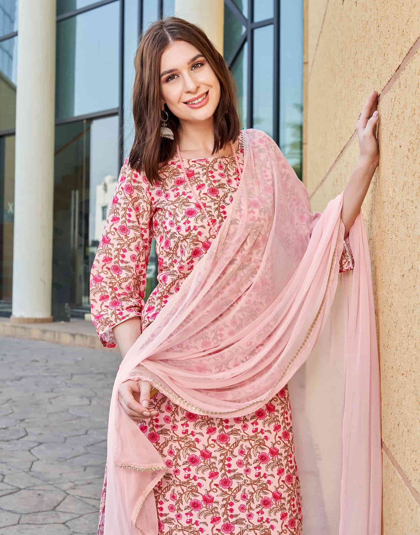 Light Pink Printed Rayon Straight Kurta With Pant And Dupatta