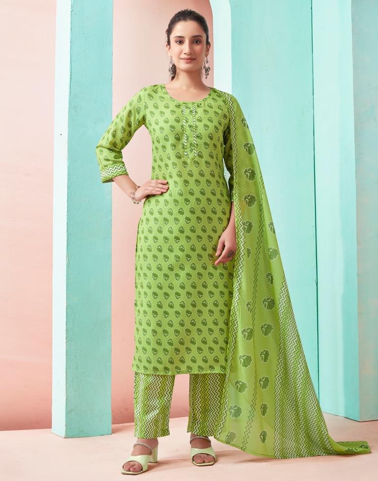 Green Rayon Printed Straight Kurta Set