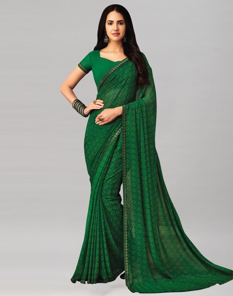 Dark Green Coloured Printed Chiffon Saree | Leemboodi