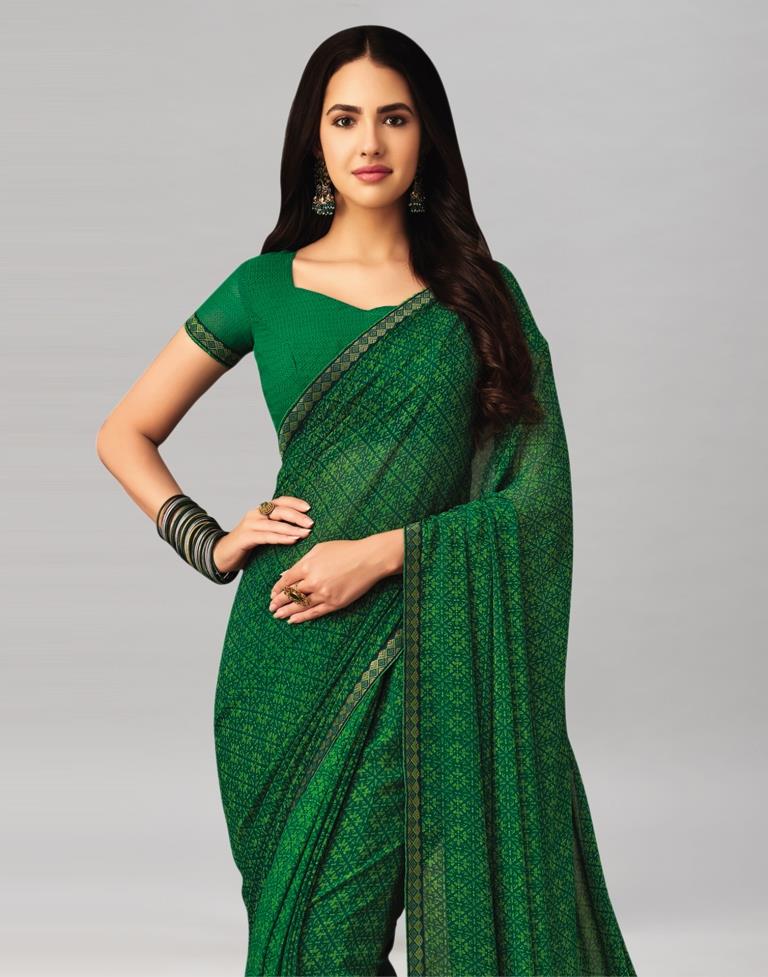 Dark Green Coloured Printed Chiffon Saree | Leemboodi