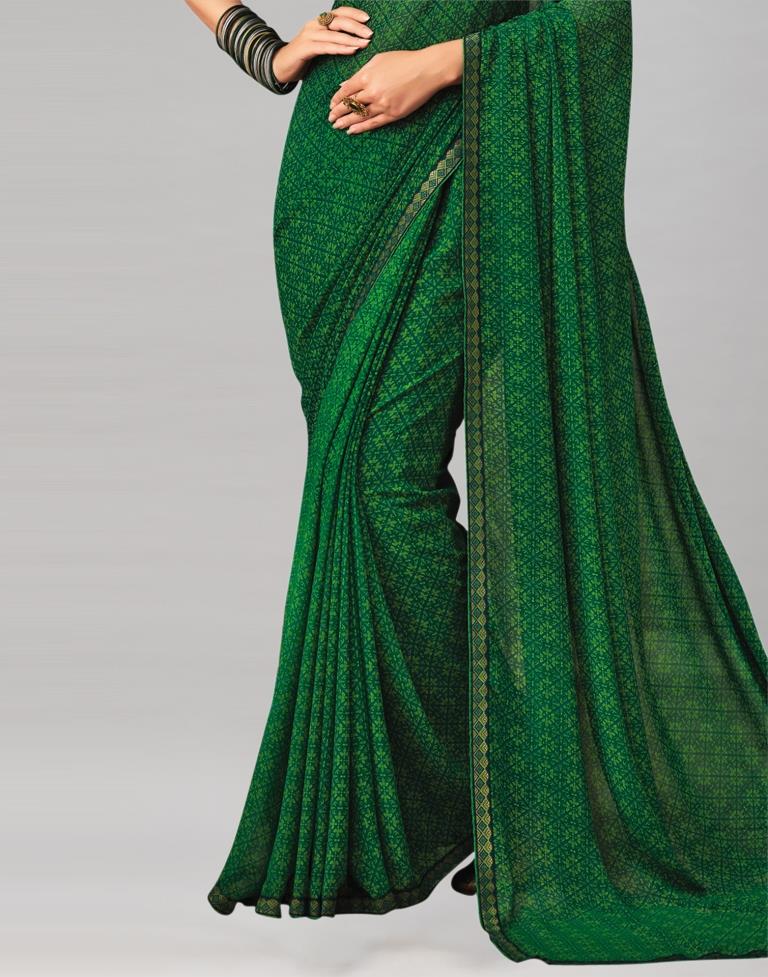 Dark Green Coloured Printed Chiffon Saree | Leemboodi