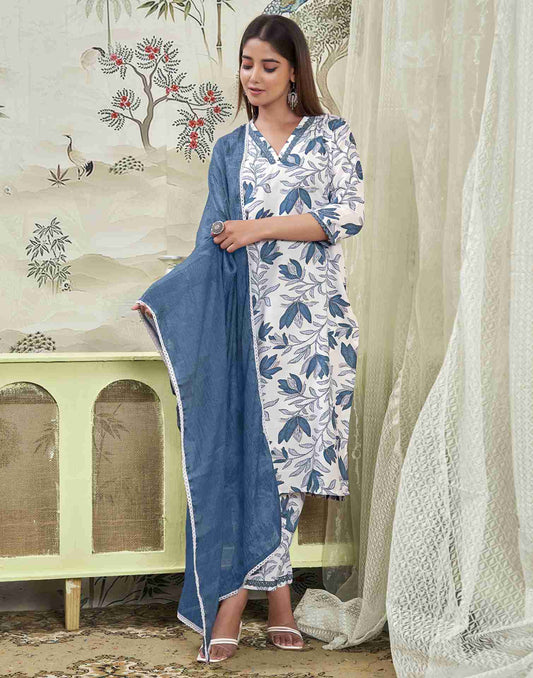 White Printed Rayon Straight Kurta Set With Dupatta