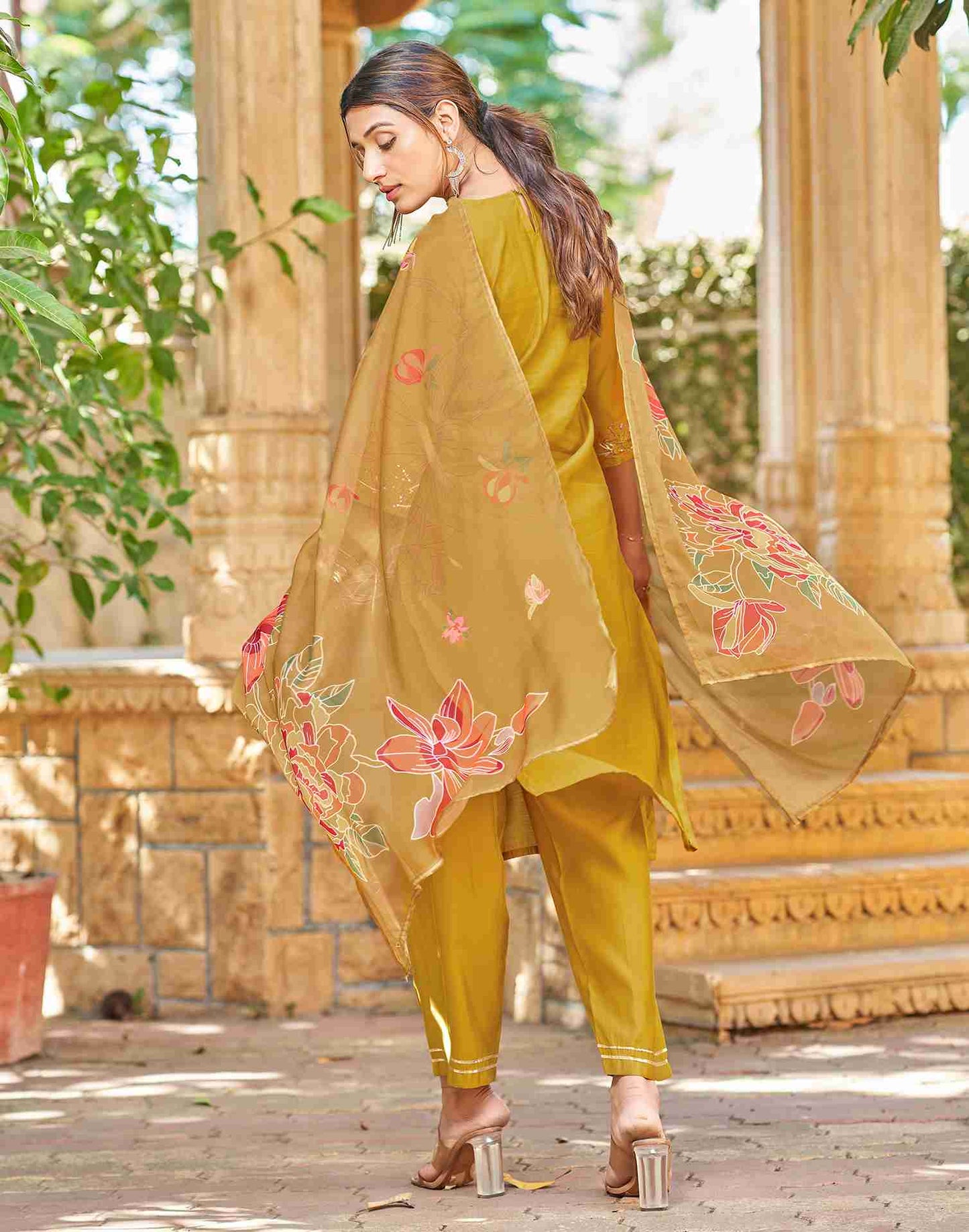 Mustard Yellow Silk Embroidery Straight Kurta Set With Dupatta