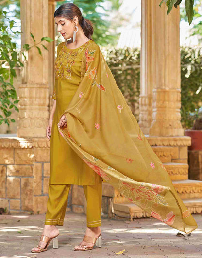 Mustard Yellow Silk Embroidery Straight Kurta Set With Dupatta