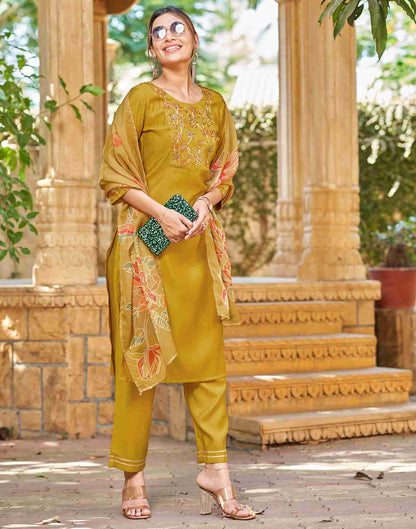 Mustard Yellow Silk Embroidery Straight Kurta Set With Dupatta