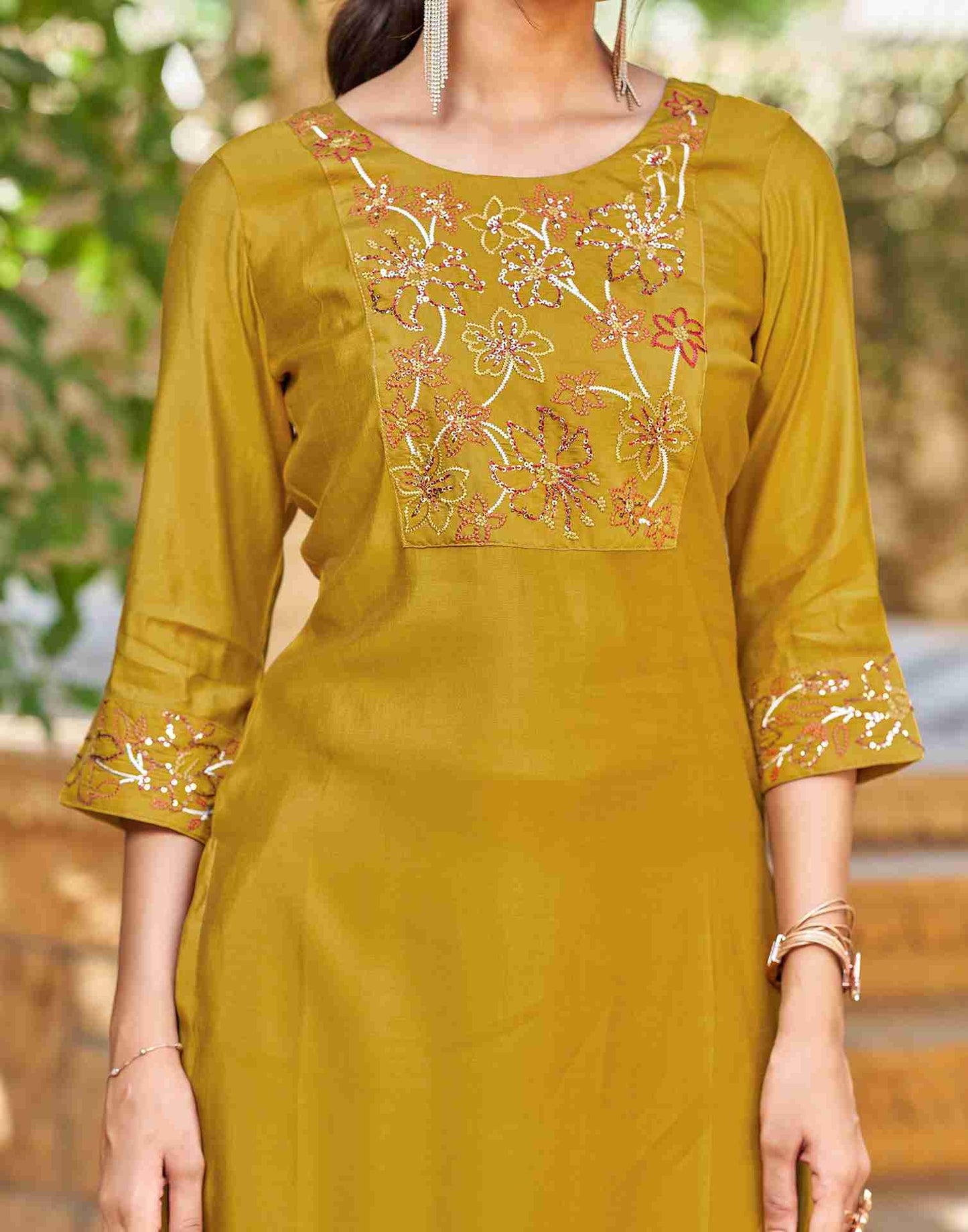 Mustard Yellow Silk Embroidery Straight Kurta Set With Dupatta