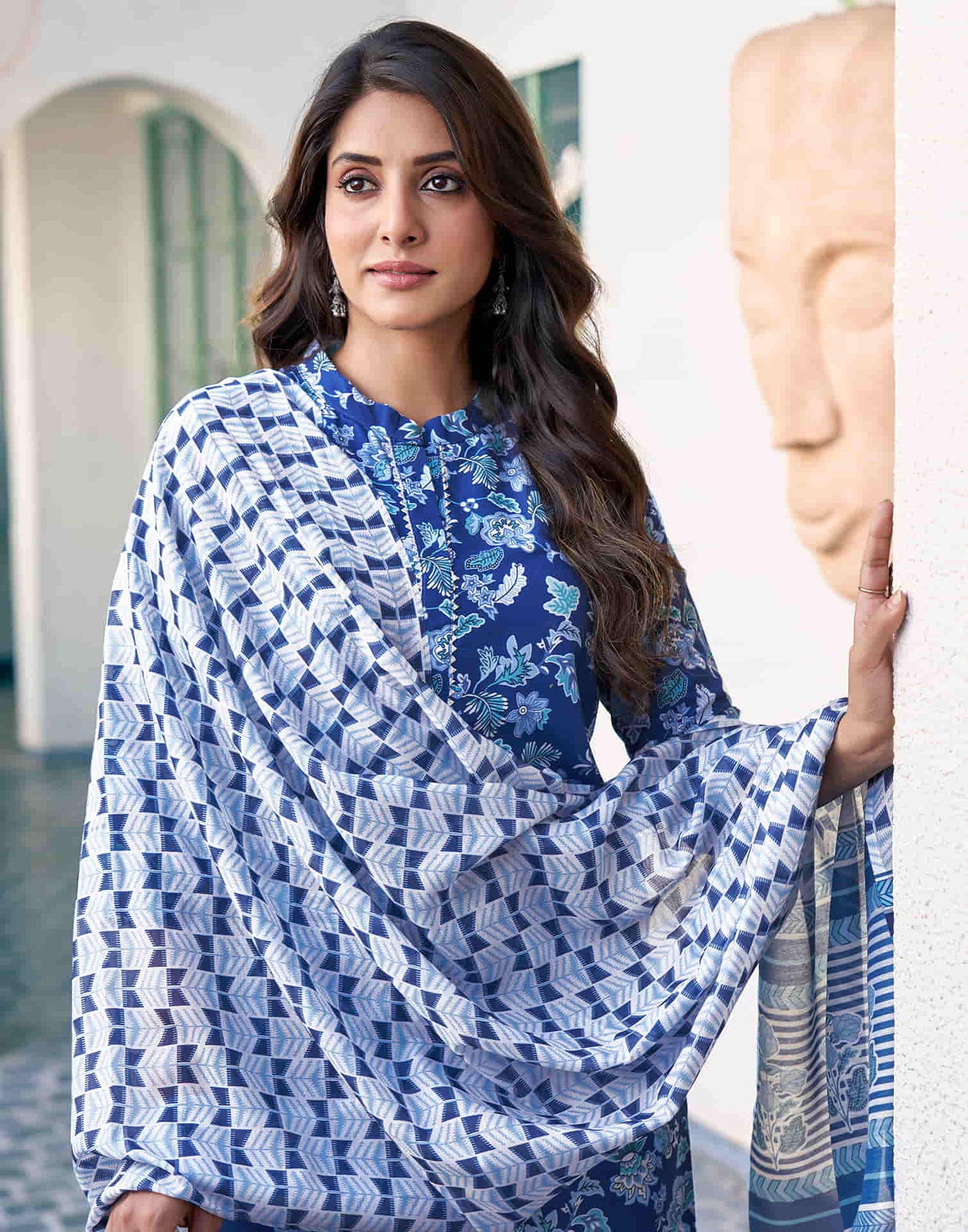 Dark Blue Printed Rayon Straight Kurta With Pant And Dupatta