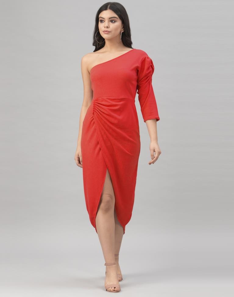 Enigmatic Red Coloured Knitted Lycra Dress | Sudathi