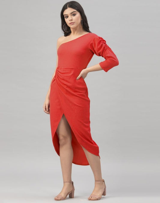 Enigmatic Red Coloured Knitted Lycra Dress | Sudathi