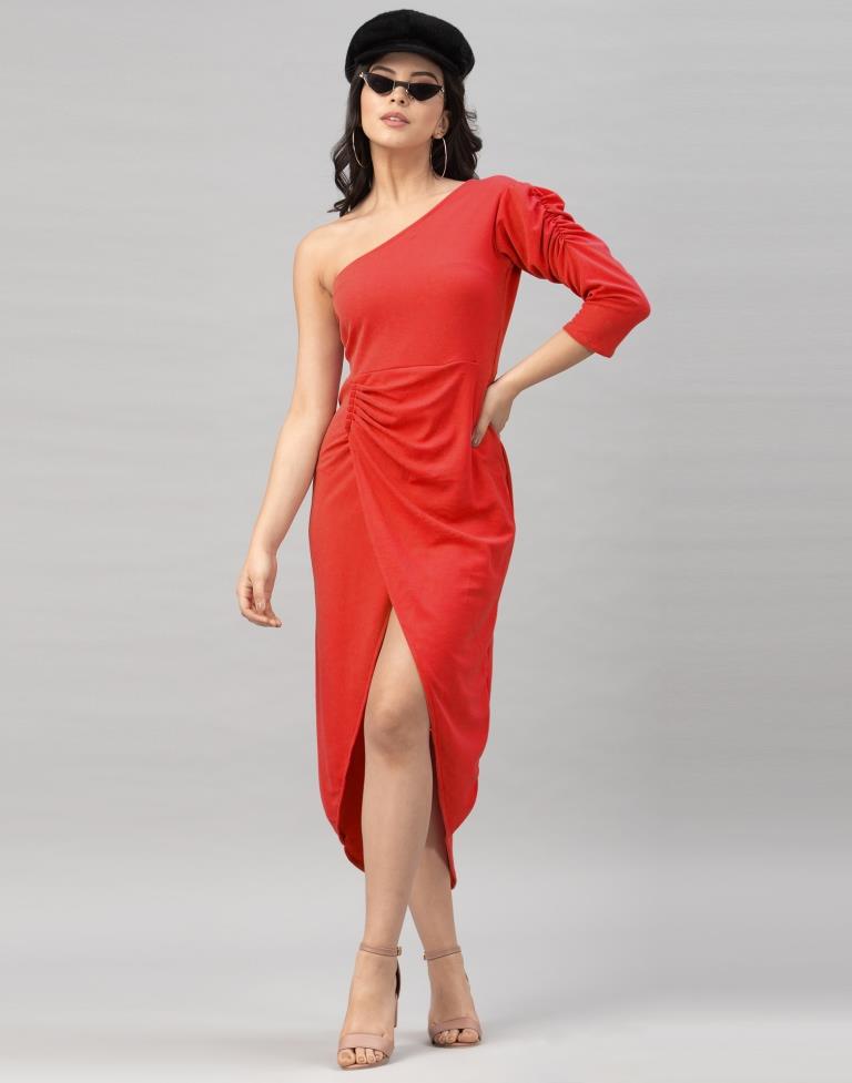 Enigmatic Red Coloured Knitted Lycra Dress | Sudathi