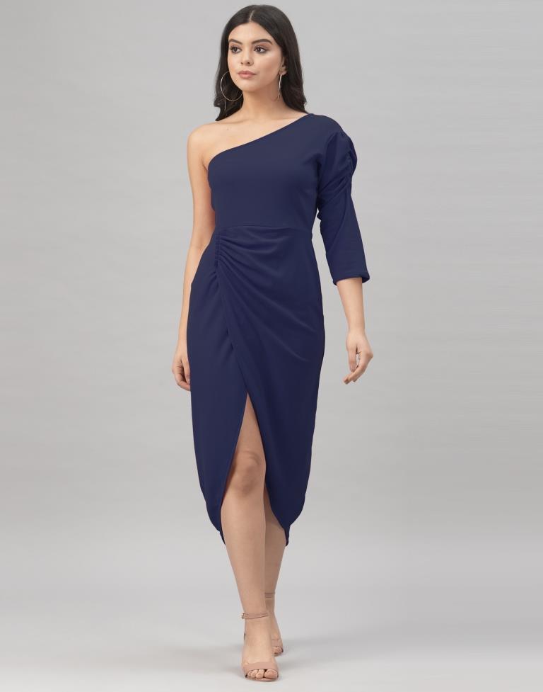Decent Navy Blue Coloured Knitted Lycra Tops | Sudathi