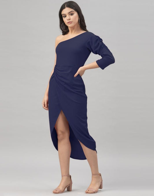 Decent Navy Blue Coloured Knitted Lycra Tops | Sudathi