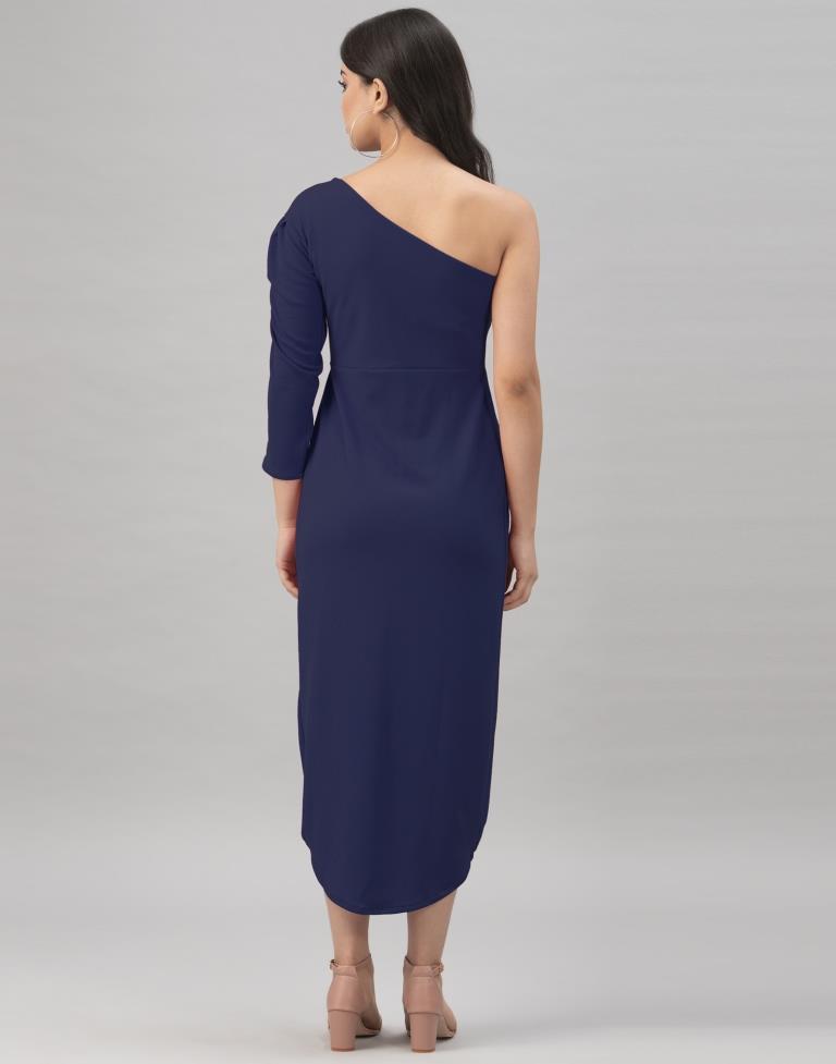 Decent Navy Blue Coloured Knitted Lycra Tops | Sudathi
