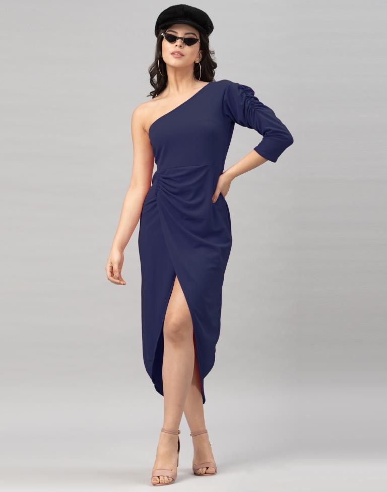 Decent Navy Blue Coloured Knitted Lycra Tops | Sudathi