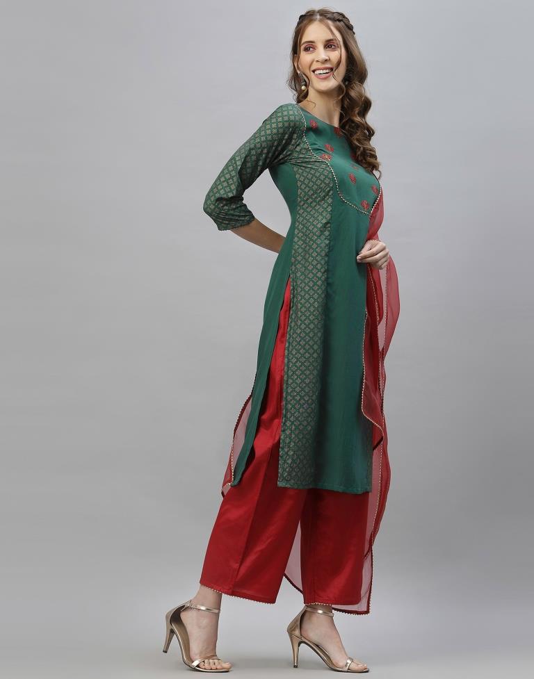 Dusty Green Kurti With Pant And Dupatta | Leemboodi