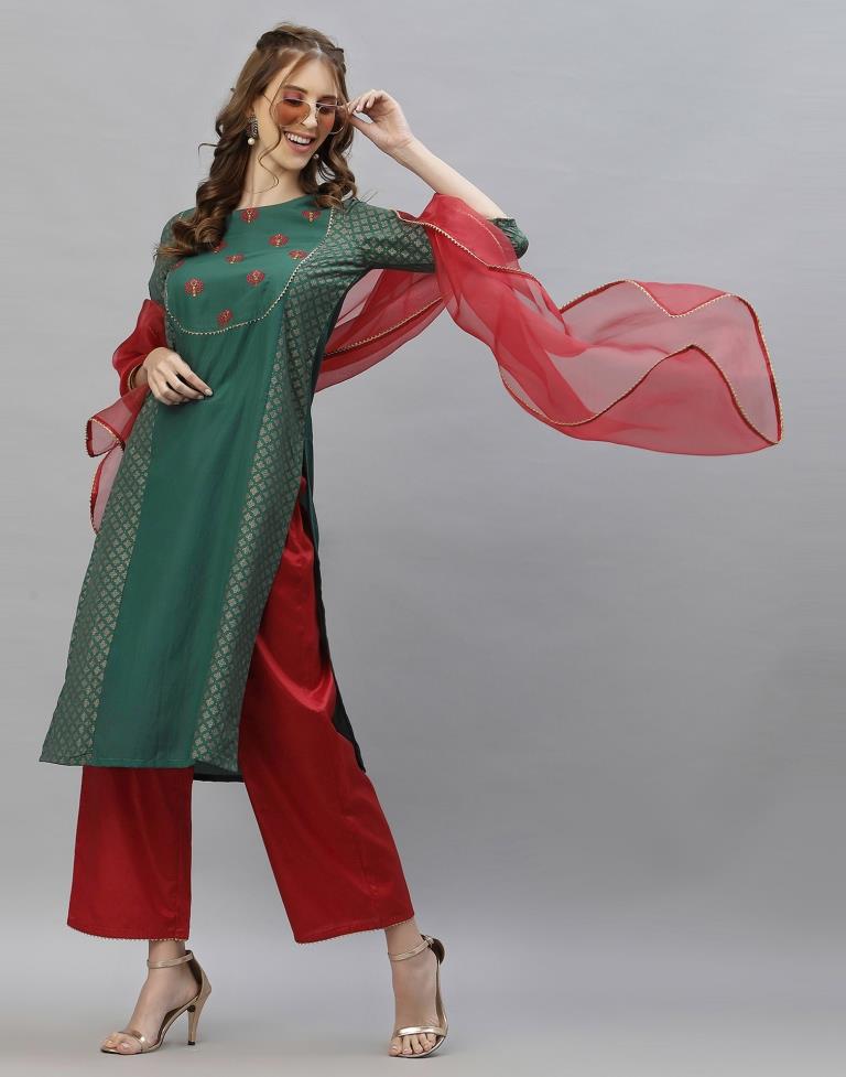 Dusty Green Kurti With Pant And Dupatta | Leemboodi