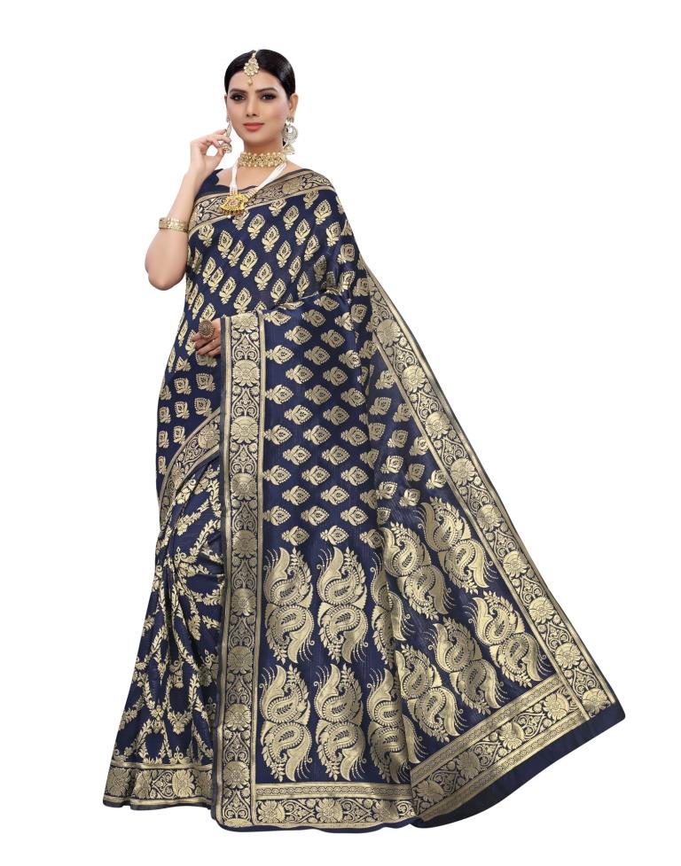 Blue Navy Coloured Poly Silk Jacquard Partywear saree | Sudathi