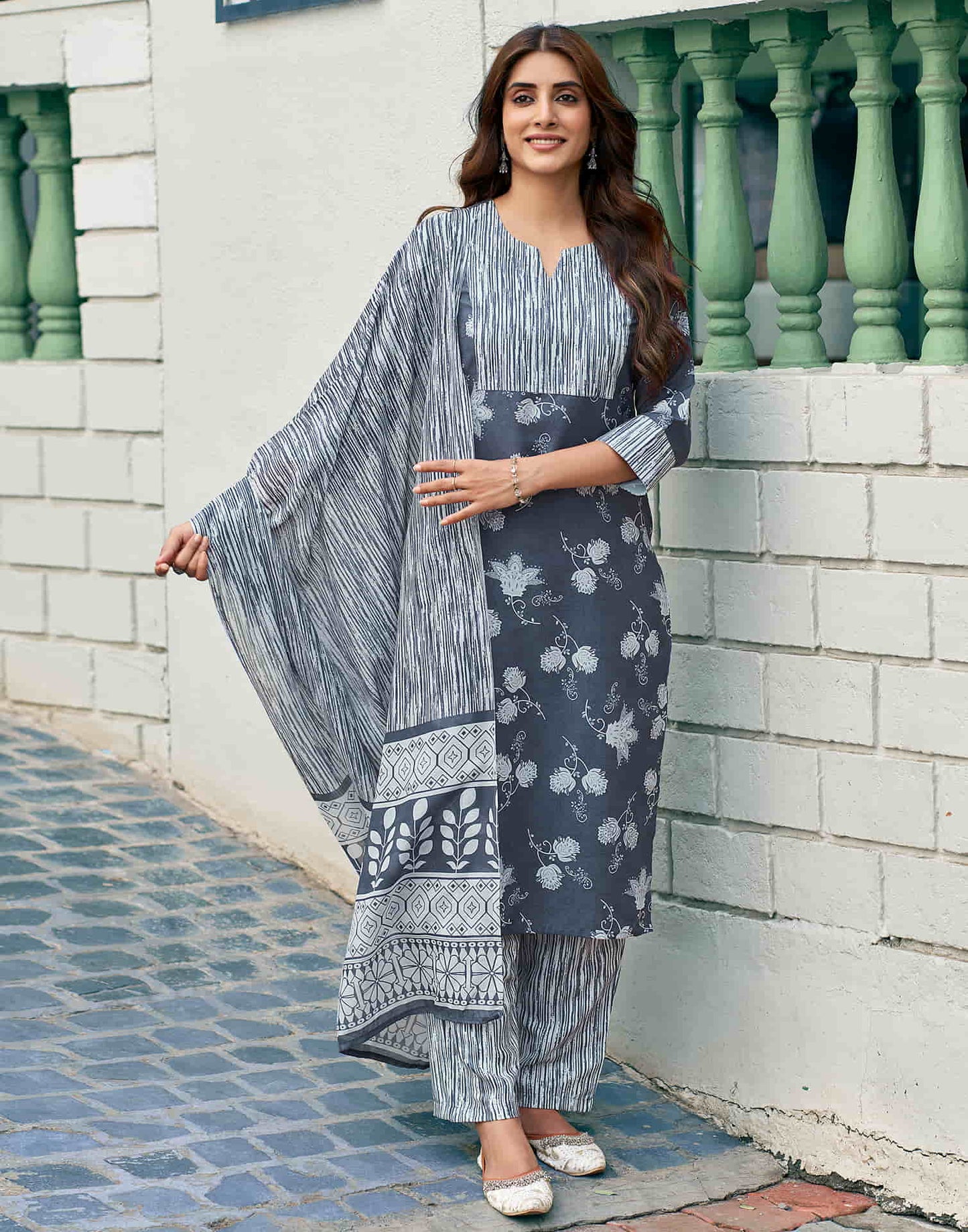 Dark Grey Printed Rayon Straight Kurta With Pant And Dupatta