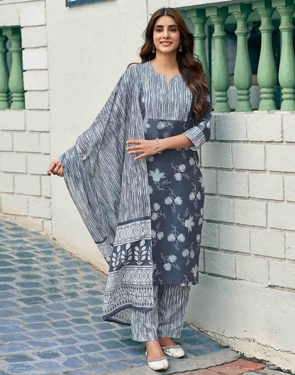 Dark Grey Printed Rayon Straight Kurta With Pant And Dupatta