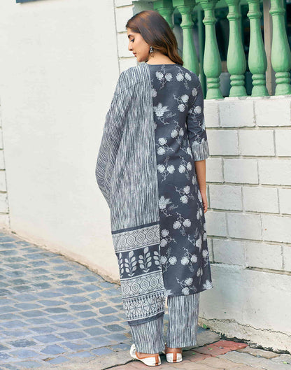 Dark Grey Printed Rayon Straight Kurta With Pant And Dupatta