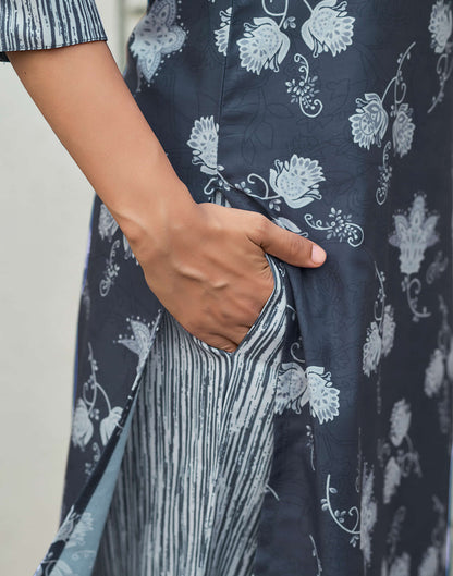 Dark Grey Printed Rayon Straight Kurta With Pant And Dupatta