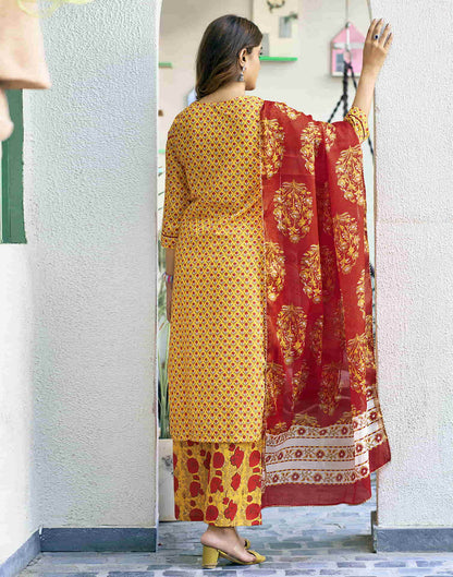 Yellow Printed Rayon Straight Kurta With Pant And Dupatta